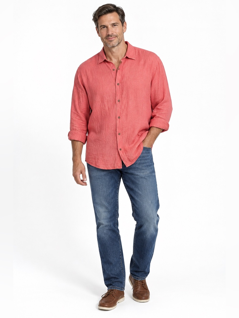 Banana Republic long-sleeve 100% flax linen button-up shirt XXL 2XL coral salmon